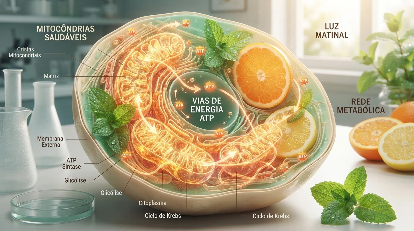 Conceito bioenergético de autofagia e redes mitocondriais saudáveis em tons de menta e laranja