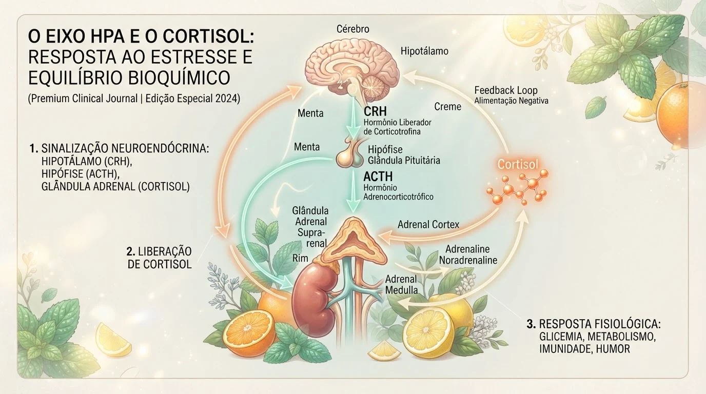 Conceito visual de regulação do eixo HPA, cortisol e equilíbrio metabólico