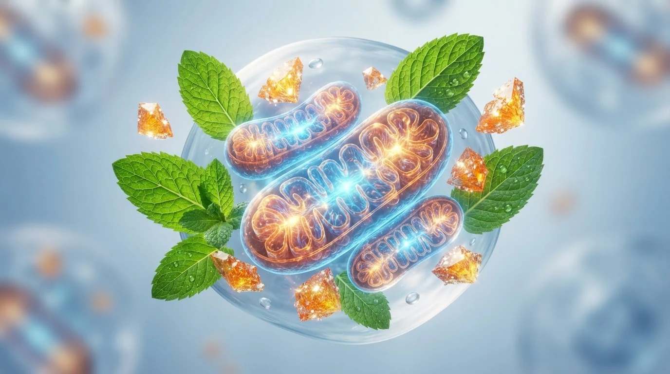 Conceito bioenergético de saúde mitocondrial e biogênese celular em tons mint e laranja