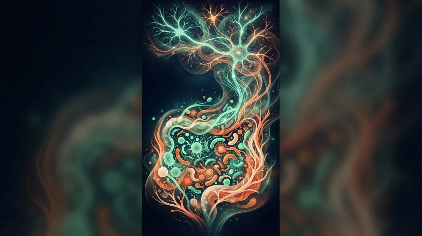 Visualização conceitual da microbiota intestinal e liberação de peptídeos incretínicos GLP-1 em tons menta e laranja