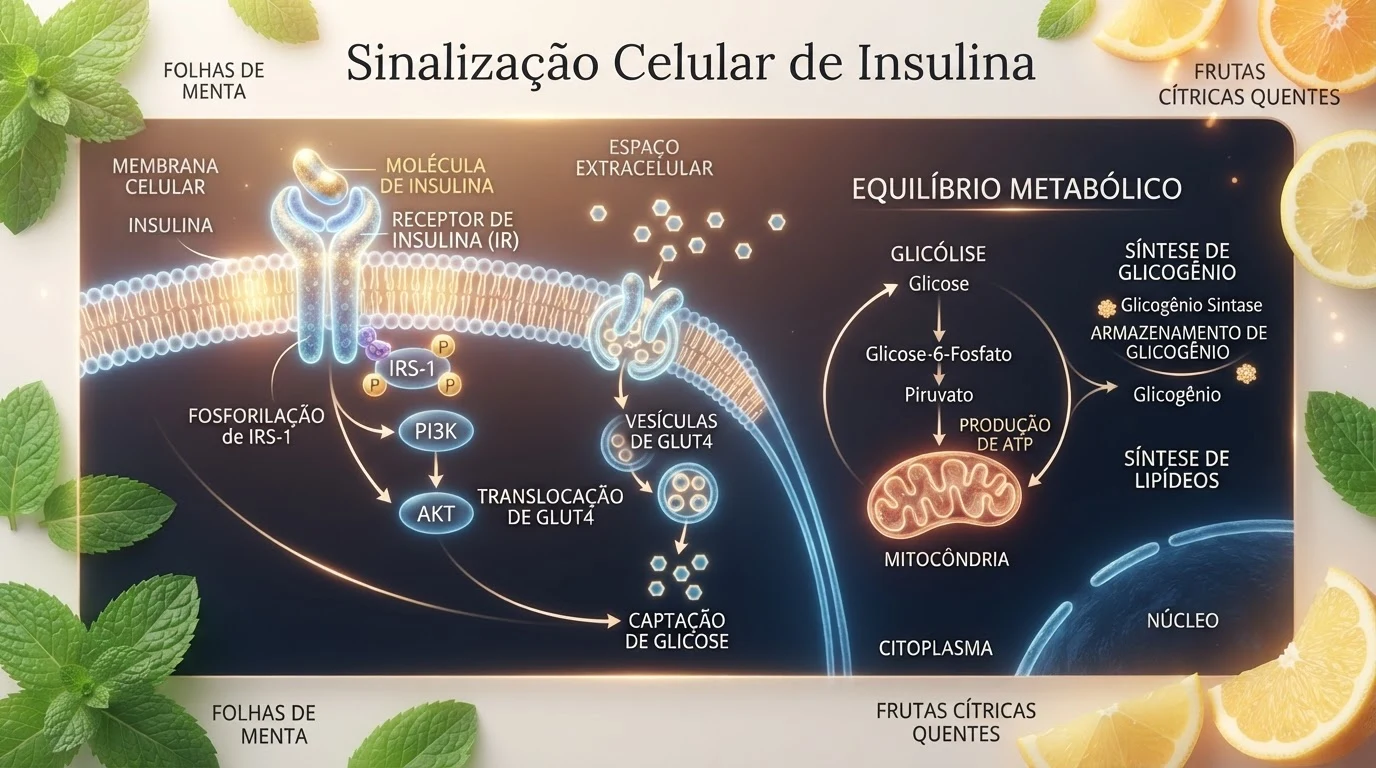 Conceito visual de sinalização celular da insulina e equilíbrio metabólico em tons de menta e laranja