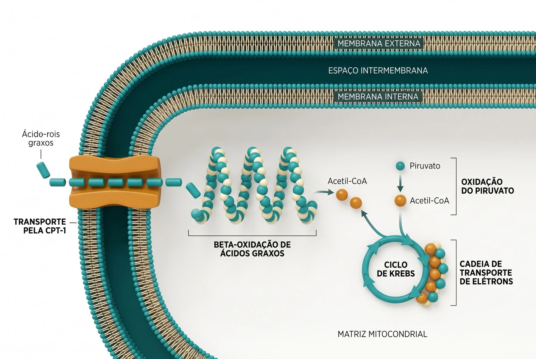 Infográfico 3D da membrana mitocondrial e CPT-1