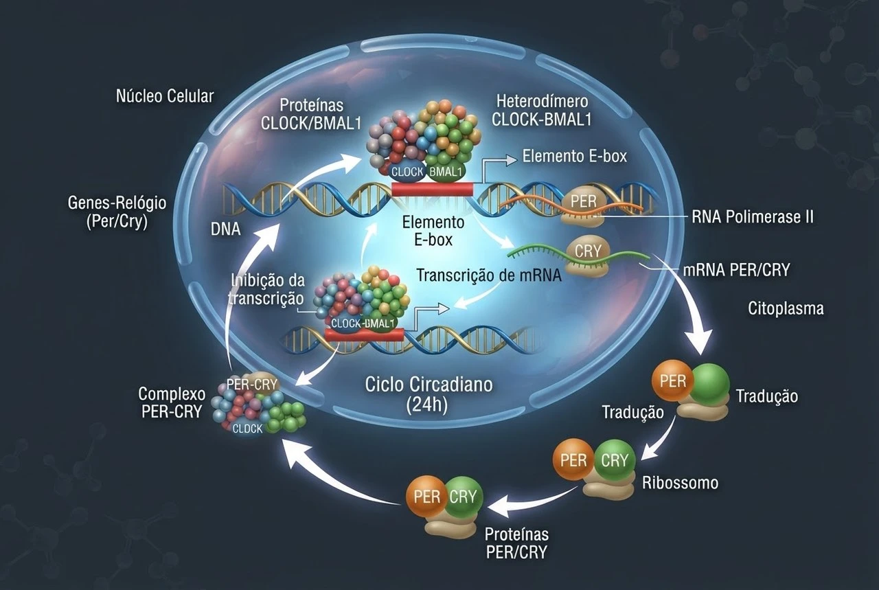 Diagrama tridimensional demonstrando o circuito molecular dos genes relógio CLOCK e BMAL1 no núcleo celular