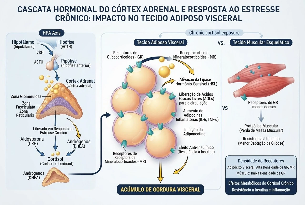 Infográfico 3D comparativo demonstrando os efeitos do cortisol no tecido adiposo visceral e muscular