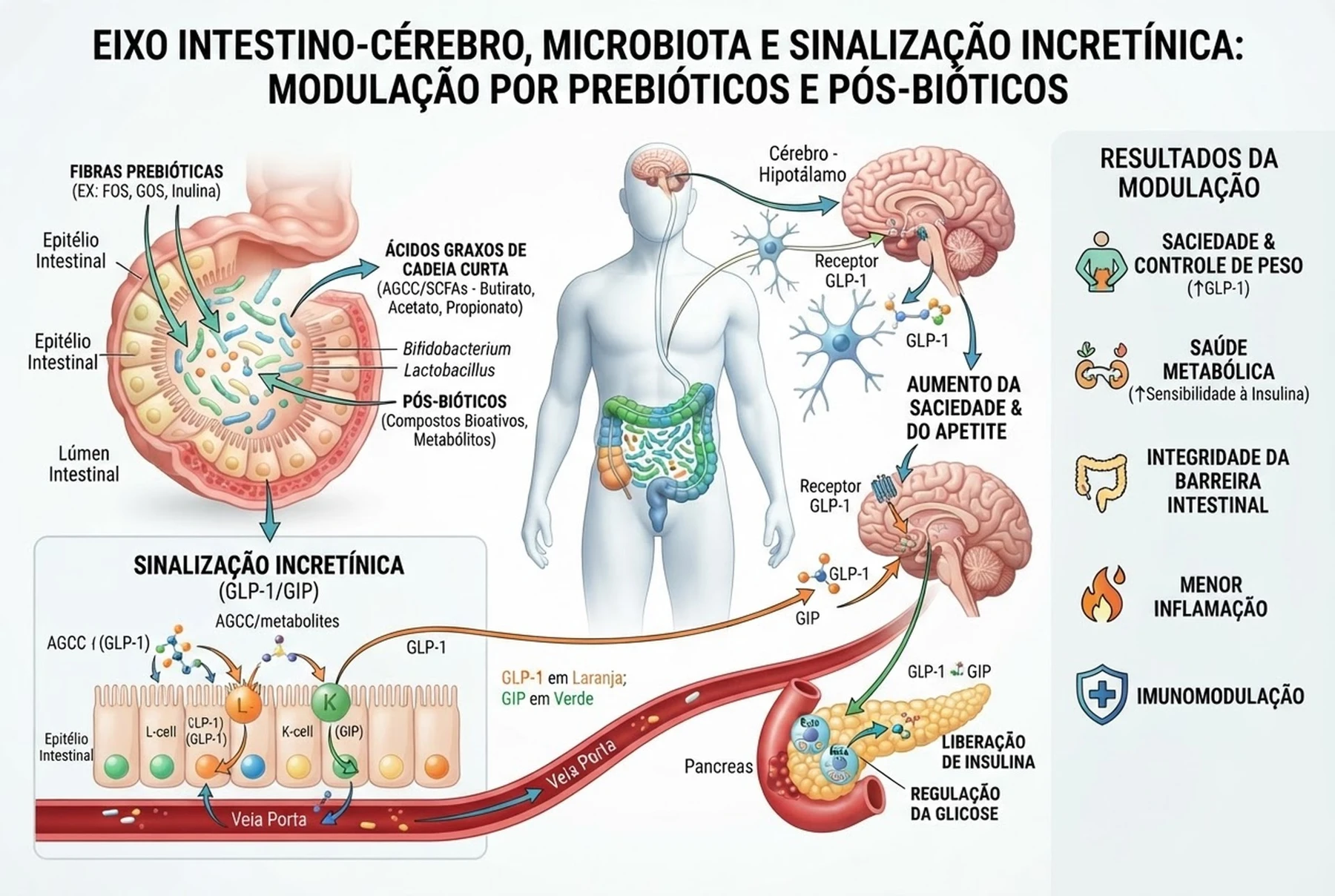 Infográfico 3D detalhado ilustrando a conexão do eixo intestino-cérebro através do nervo vago e circulação portal