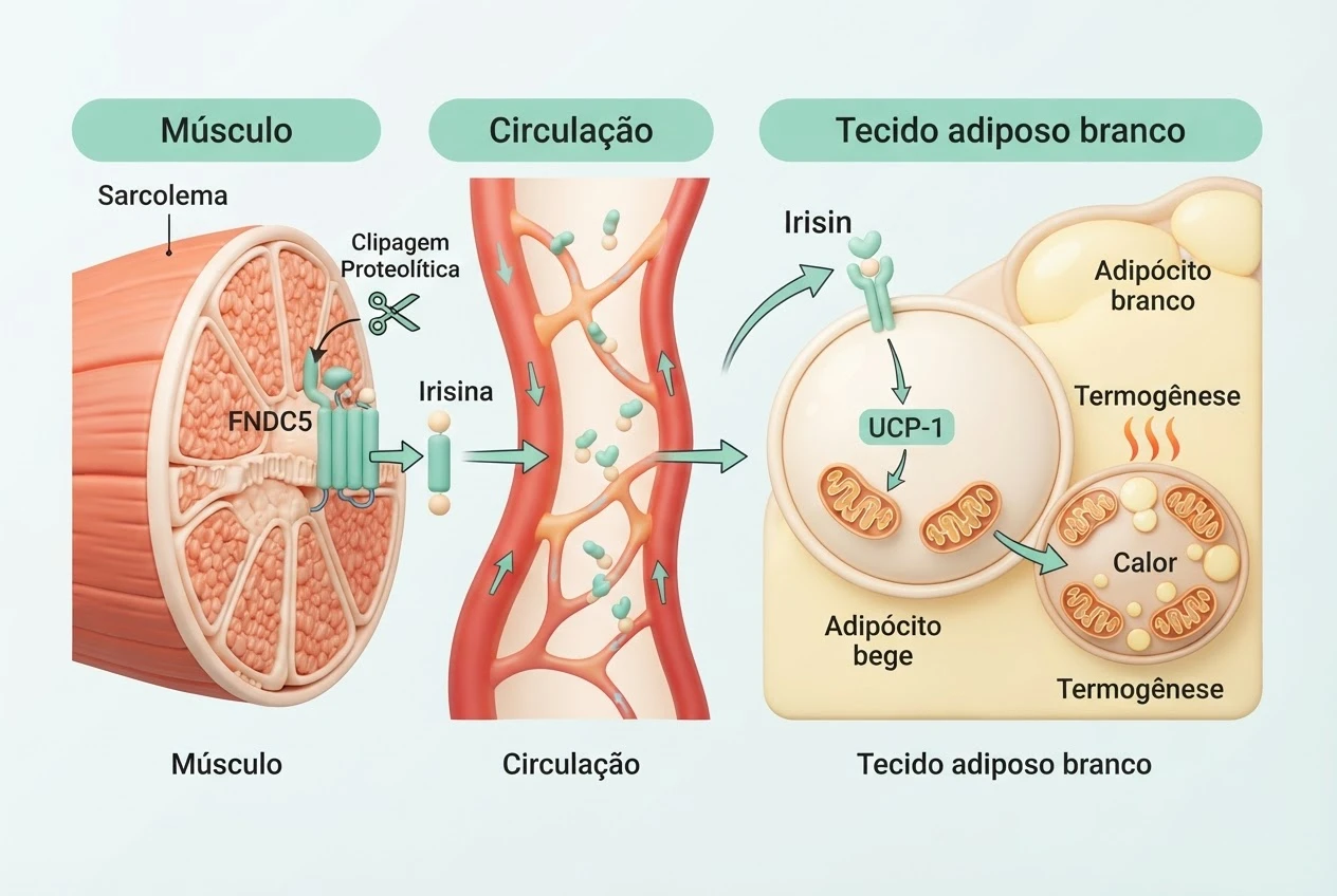 Diagrama 3D da clivagem da proteína FNDC5 em Irisina e ativação de UCP-1 para browning adiposo