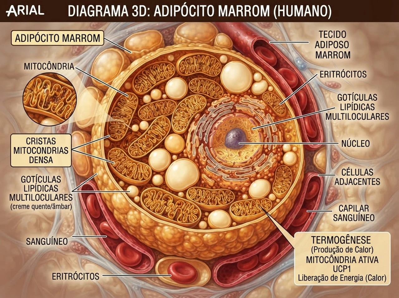 Estrutura tridimensional de um adipócito marrom com alta densidade de mitocôndrias e termogênese ativa
