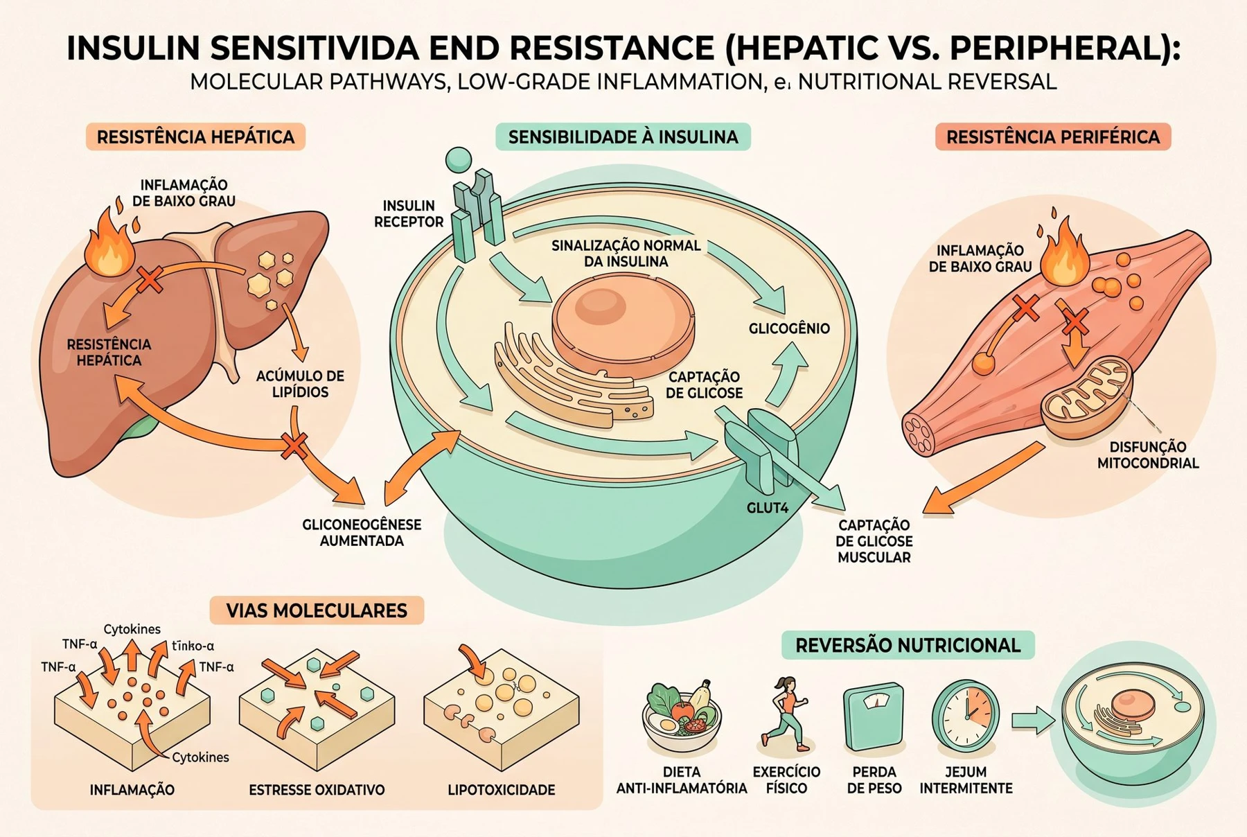 Diagrama 3D comparando as vias de sinalização da insulina no hepatócito e no miócito esquelético